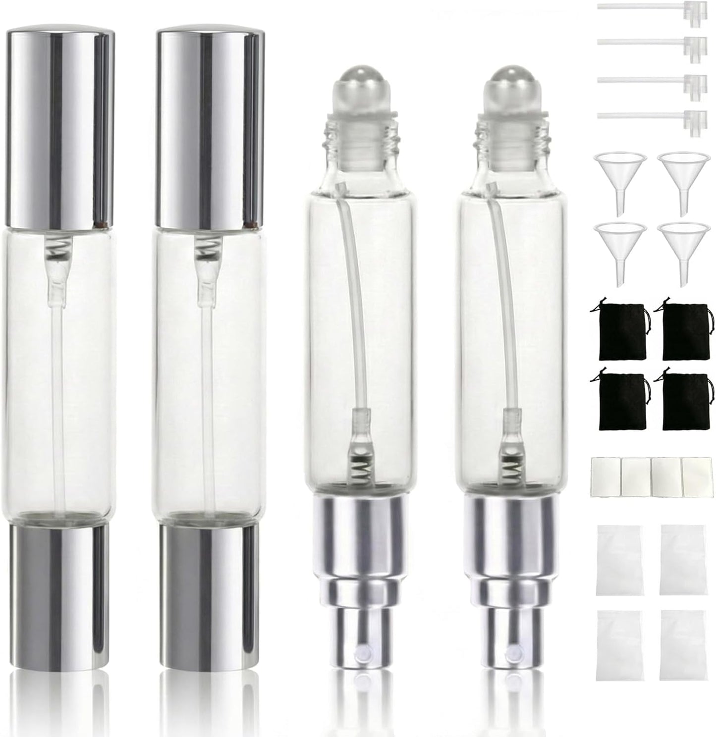 Travel Perfume Bottle Set - 4PCS Refillable Glass Atomizers with Dual-Head Spray & Roller Ball | 10ml Amber & Clear