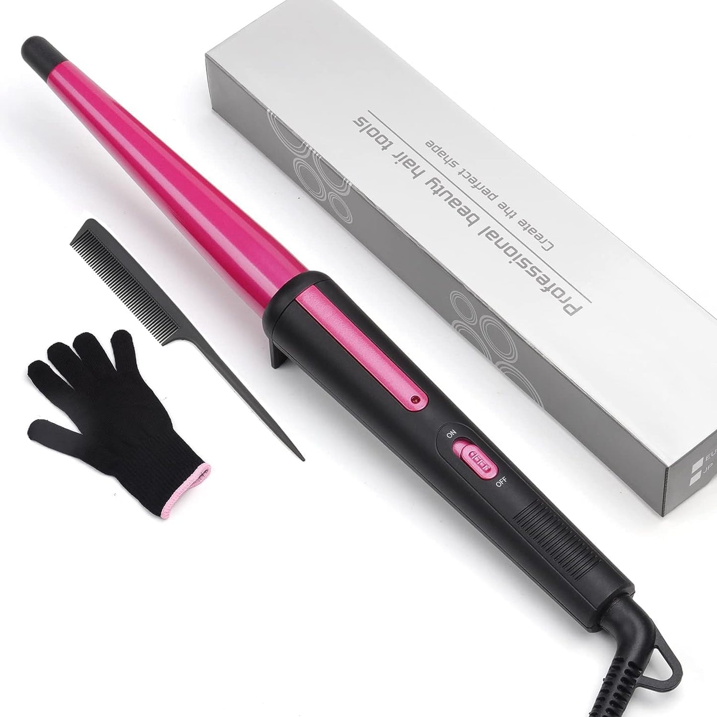 Professional Hair Curling Wand - 0.5-1 Inch Tapered Ceramic Curler with Heat-Resistant Glove | Dual Voltage Pink
