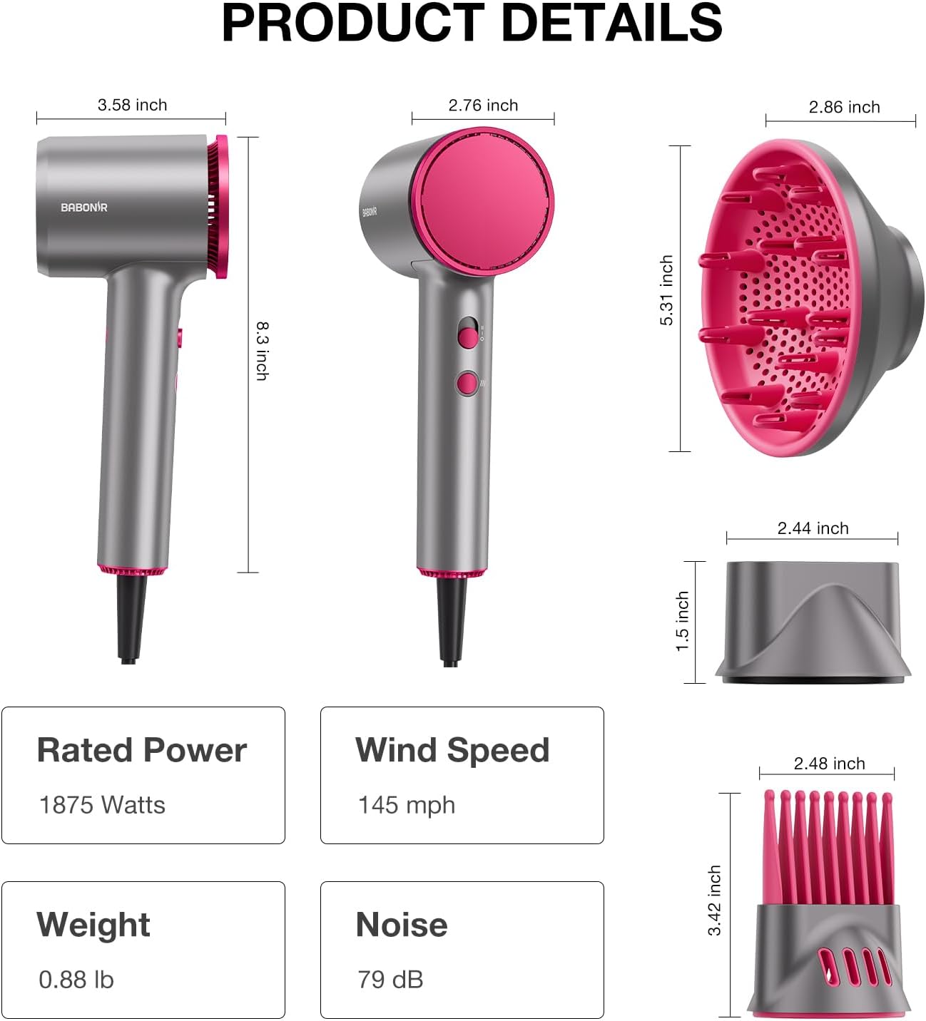 High-Speed Hair Dryer - 110,000 RPM Brushless Motor, 1875W Ionic Blow Dryer with Comb & Diffuser | Low Noise, Travel-Friendly (Gray)