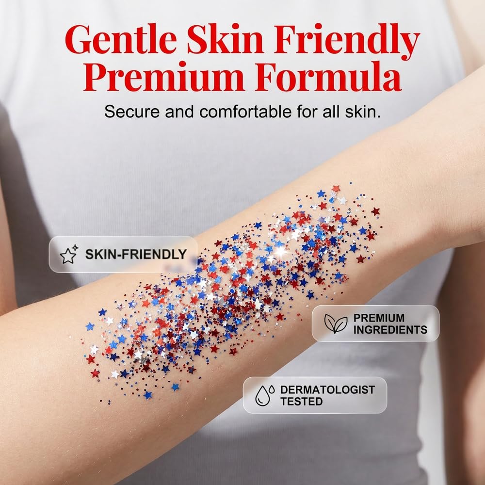 4th of July Glitter Stick, Patriotic Red White and Blue Face Body & Hair Glitter Stick for Women, Independence Day 3-in-1 Waterproof, Self-Adhesive Sparkle Gel for 250th Anniversary (#1)