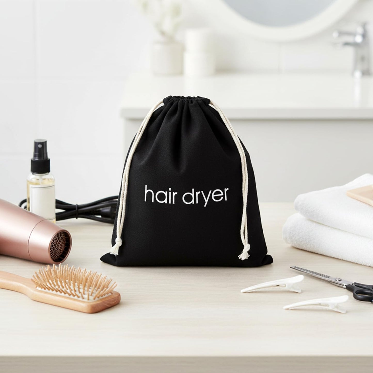 2 PCS Hair Dryer Bags, Drawstring Blow Dry Bag Organizer, Hairdryer Dust Storage Bags for Travel Bathroom (Black)