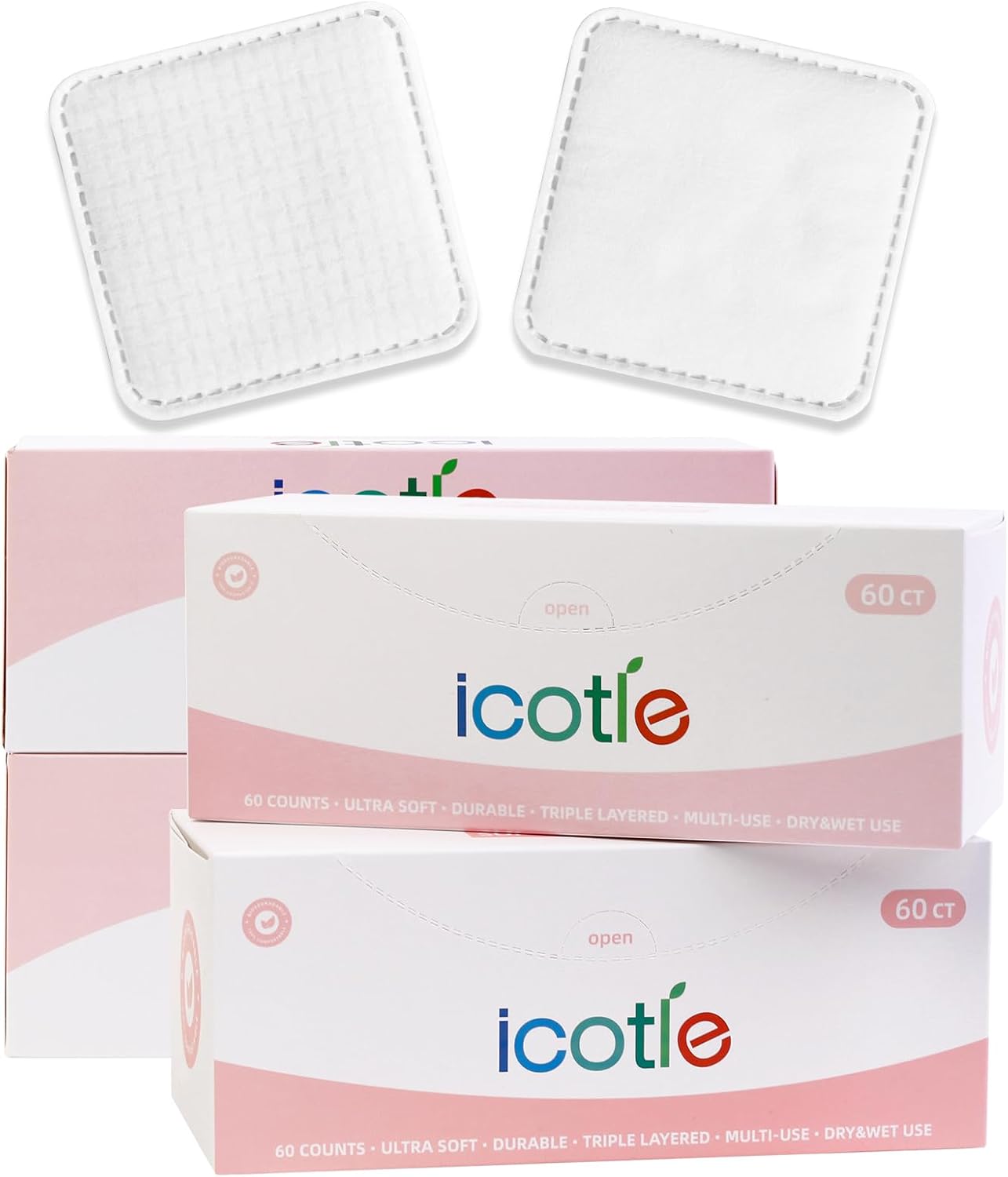 Square Cotton Pads - 100% Cotton, Triple-Layer Design for Daily Skin Care | 60 Count