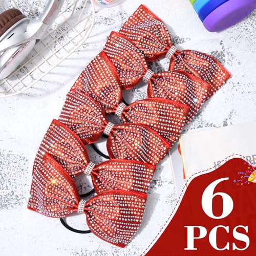 DEEKA 6-Pack Red Glitter Tailless Cheer Bows with Rhinestones