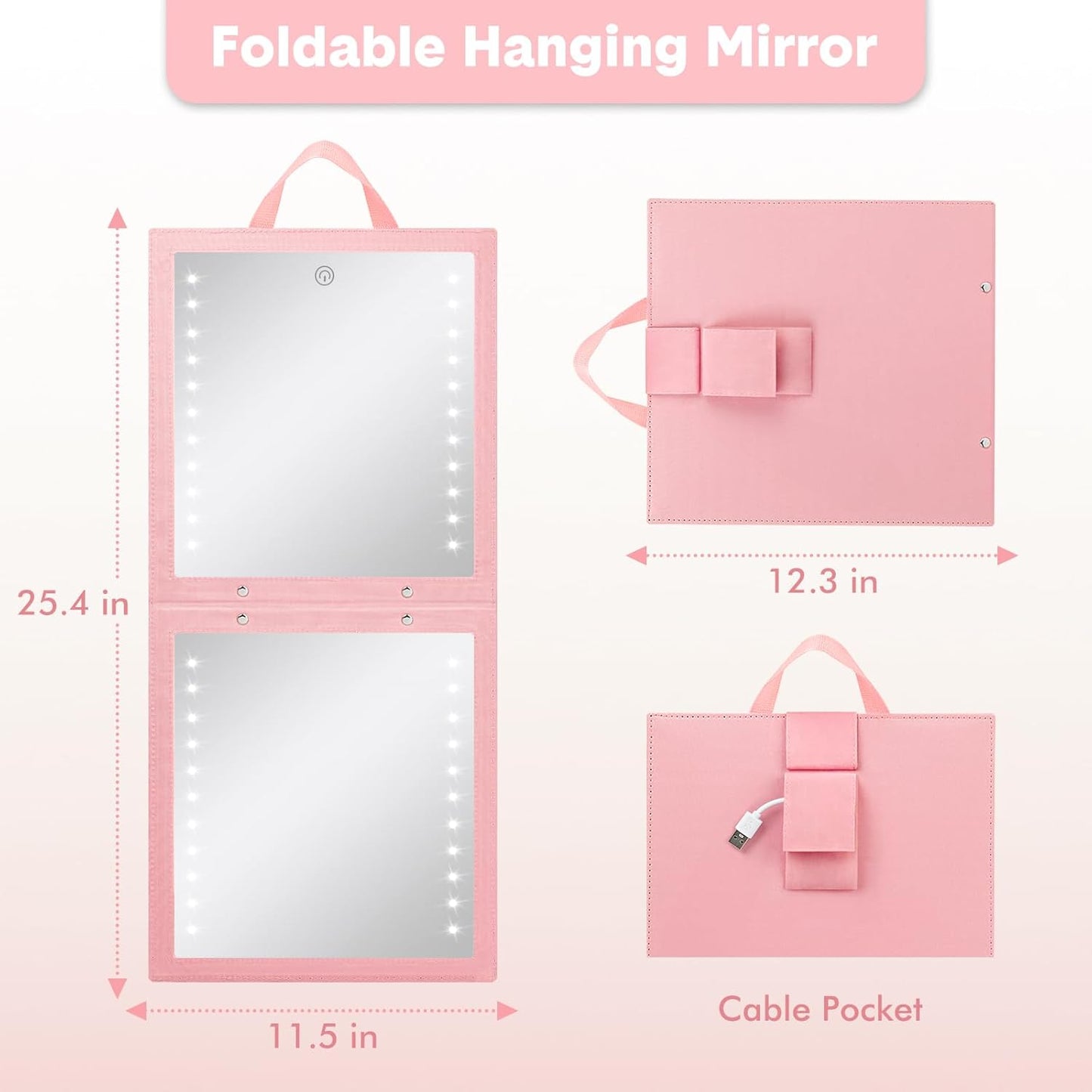 Lighted Hanging Mirror - Rechargeable LED Full Length Mirror with Adjustable Brightness | Portable Pink Travel Body Mirror for Dancers