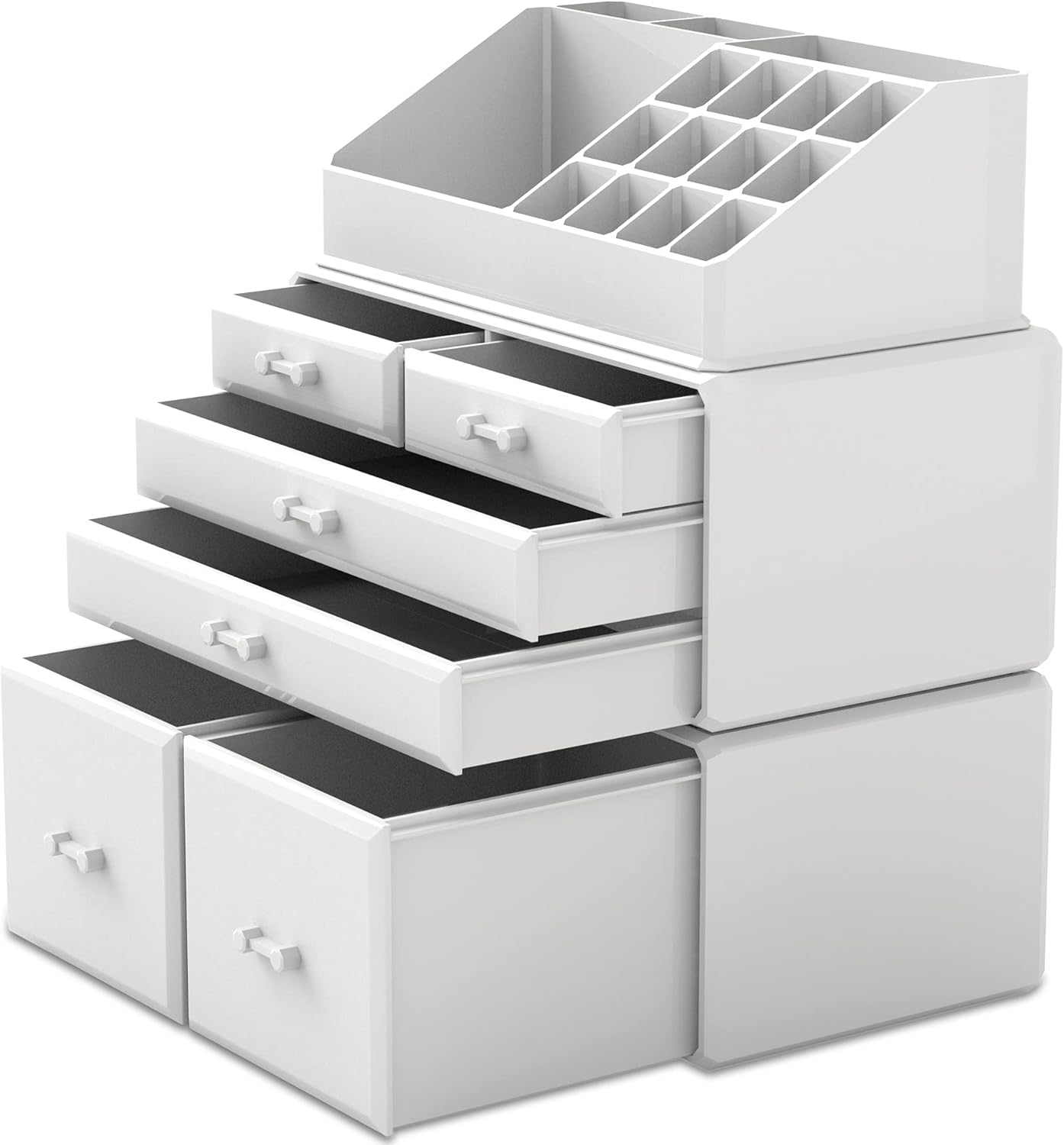 Makeup Organizer - 3-Piece Cosmetic Storage Case with 6 Drawers | White
