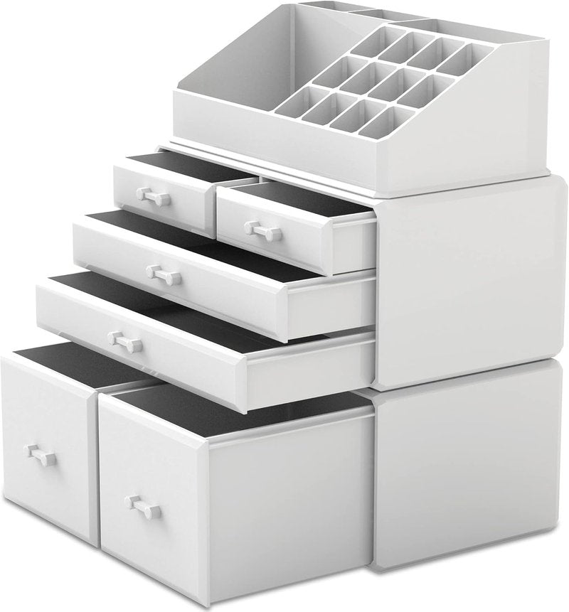 Makeup Organizer - 3-Piece Cosmetic Storage Case with 6 Drawers | White