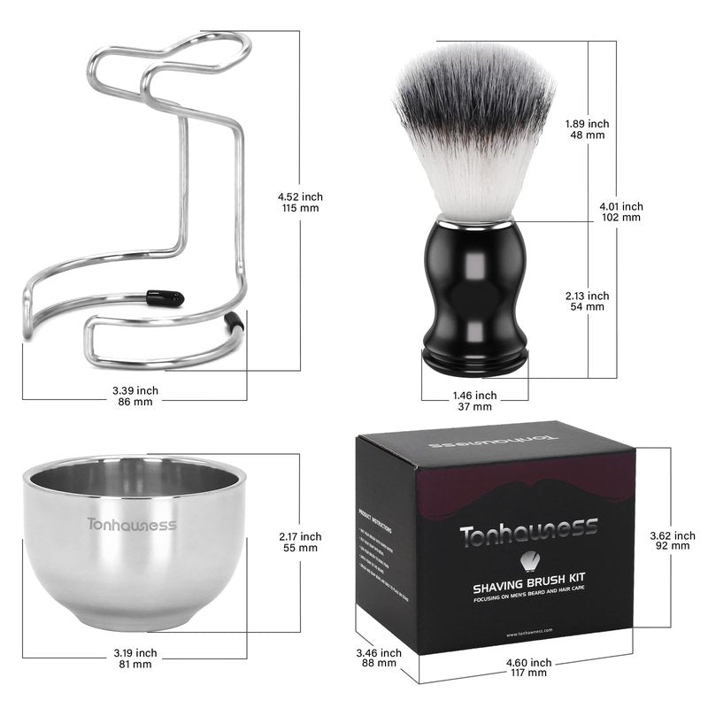 Tonhawness Shaving Brush Kit for Men, 3 in 1 Shave Brush Set Includes Nylon Bristle Shaving Brushes, 3 Layers Stainless Steel Shaving Bowl and Stand Holder kit for Wet Shave Gift
