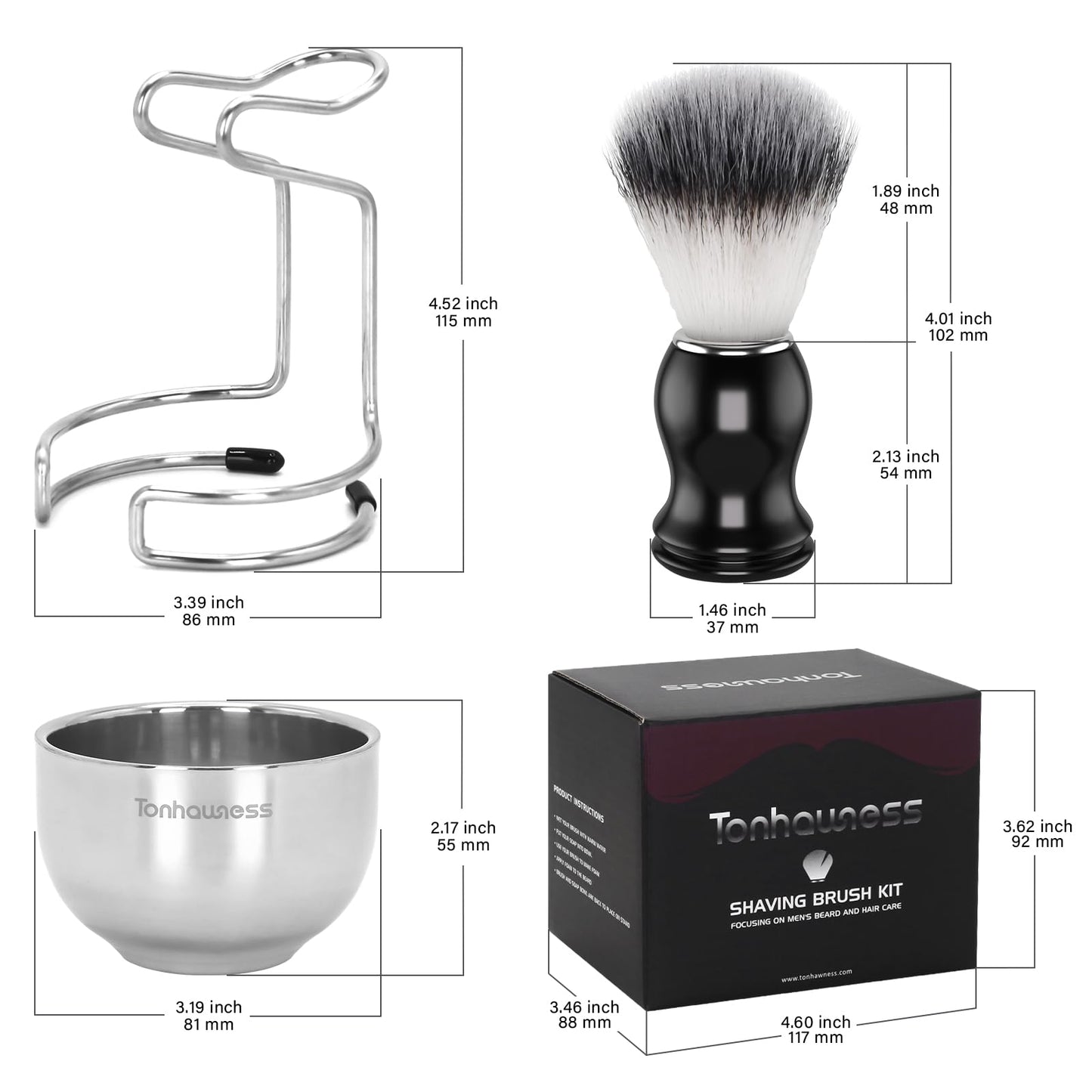 Tonhawness Shaving Brush Kit for Men, 3 in 1 Shave Brush Set Includes Nylon Bristle Shaving Brushes, 3 Layers Stainless Steel Shaving Bowl and Stand Holder Kit for Wet Shave Gift