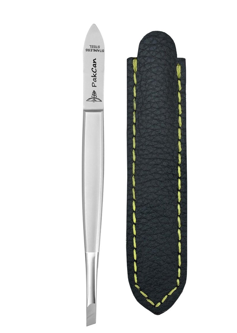 German Premium Slanted Tweezers in Leather Case - German Steel Hair Removal Tool for Eyebrows, Face & Ingrown Hairs – Hand-Finished, Ultra-Grip Tips, Premium Leather Case – Professional Salon Quality
