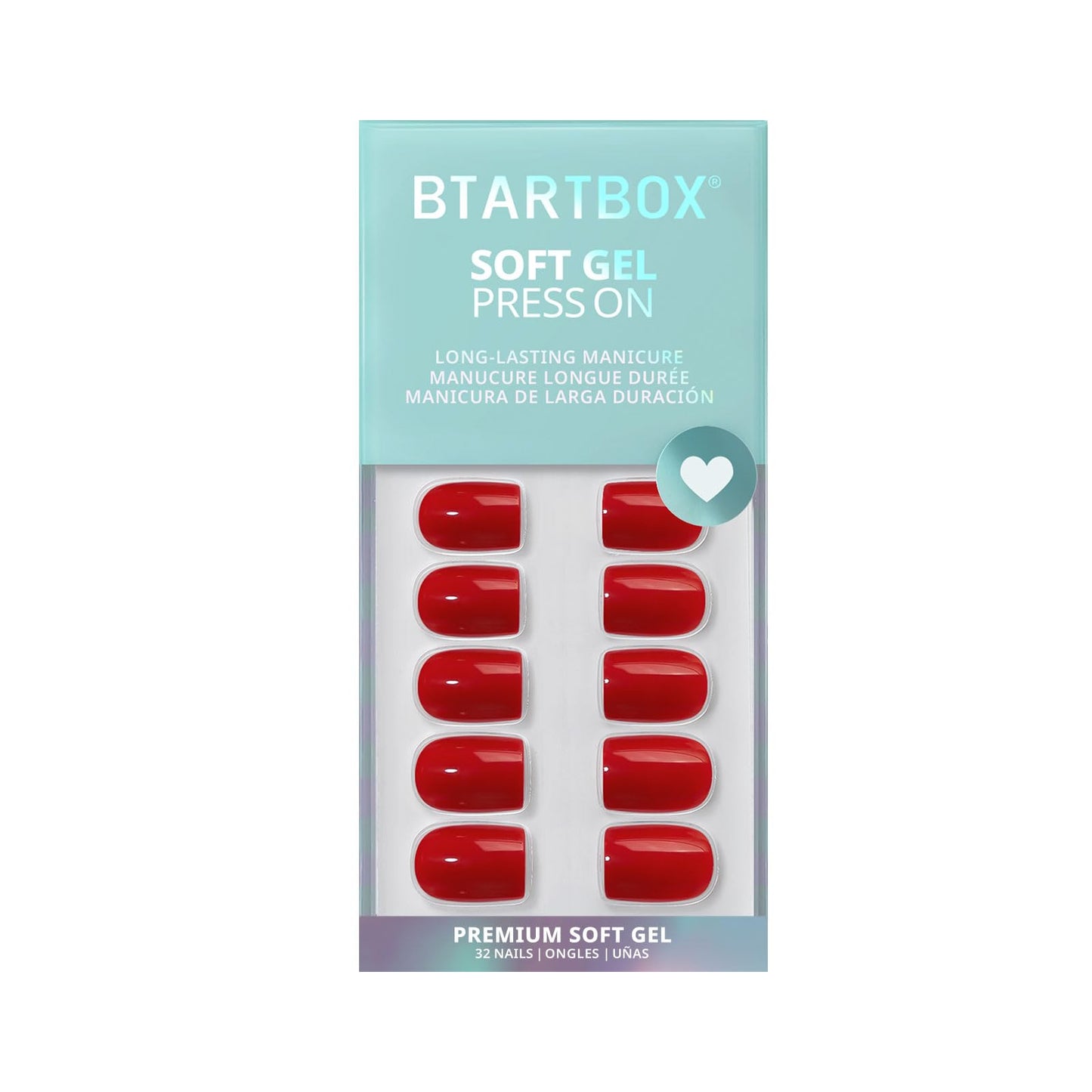 BTArtbox Press On Nails Short - Red Square Press On Nails with Glue for Women, Opaque Soft Gel Glue On Nails in 16 Sizes - 32 Stick On Nails Kit, Hot Lap