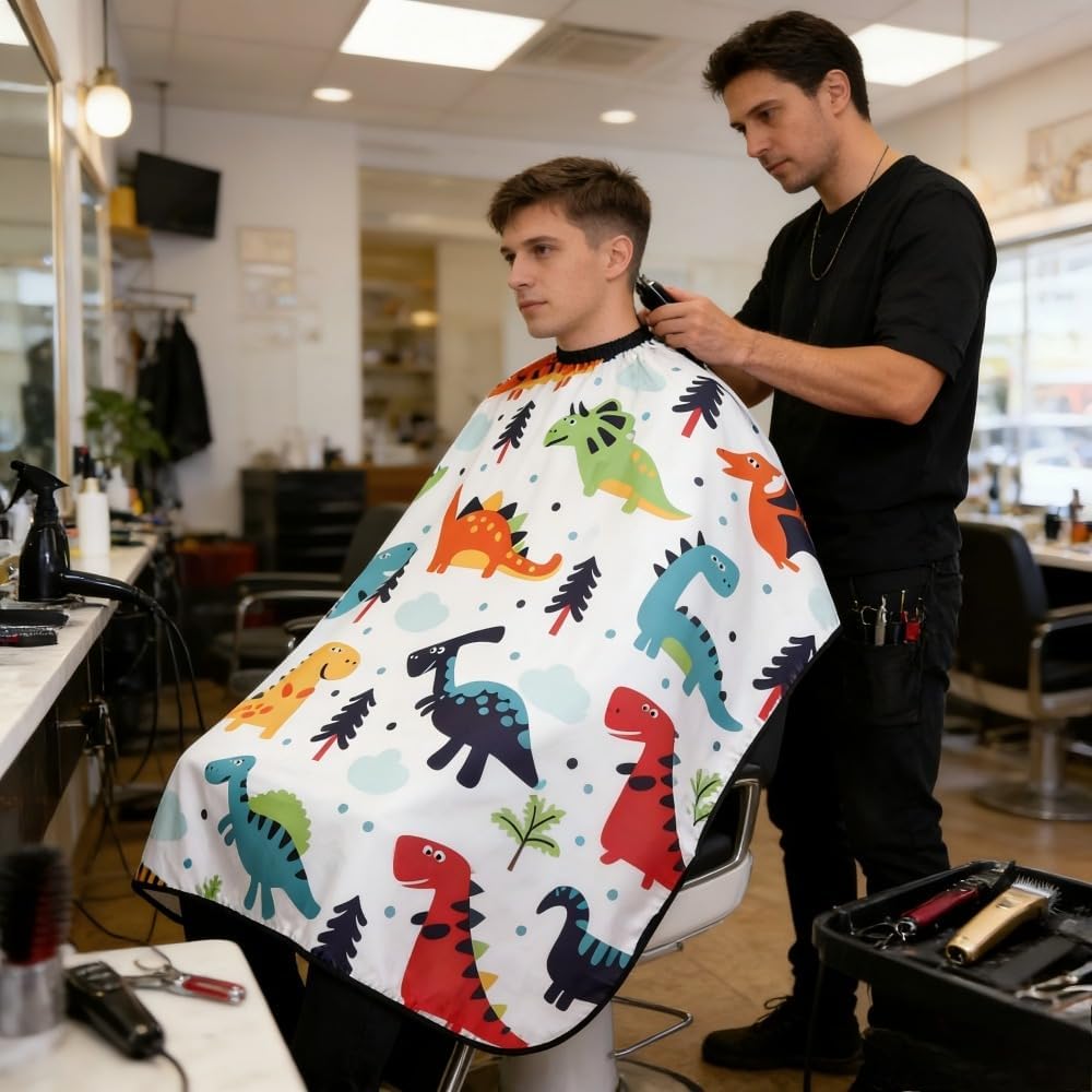 Dinosaur Print Hair Cutting Gown with Neck Elastic, Waterproof Salon Cape for Haircut Styling Home Use