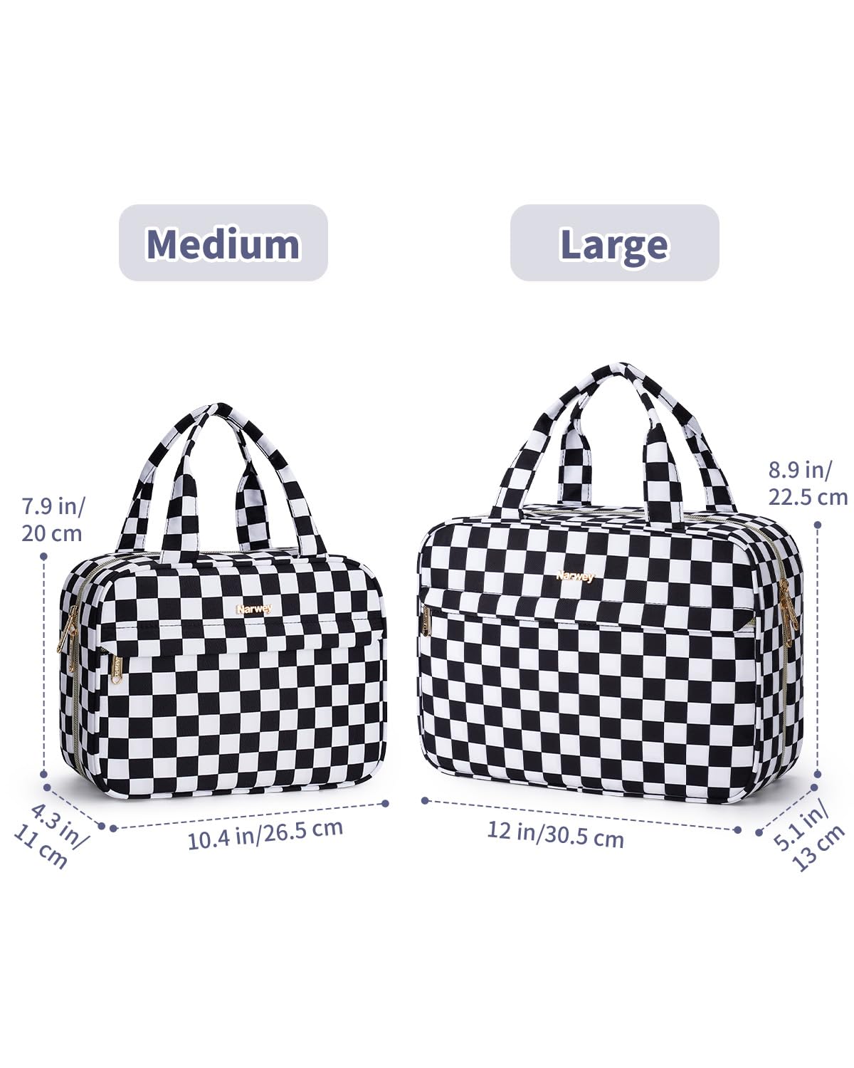 Narwey Hanging Toiletry Bag for Women Checkered Travel Makeup Bag Organizer Cosmetic Make up Toiletries Bag for Travel Essentials Accessories (Black Checkerboard, Medium)