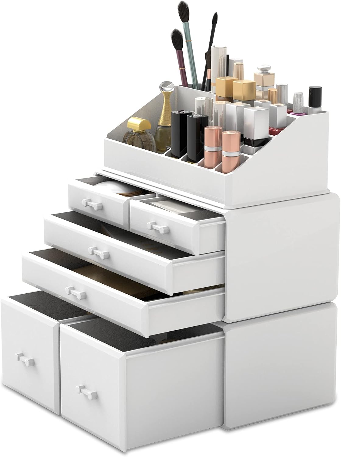Makeup Organizer - 3-Piece Cosmetic Storage Case with 6 Drawers | Stylish Black Design