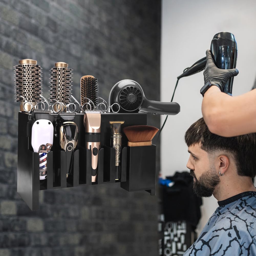 CGBARBER Wall Mounted Hair Clipper Storage Rack, Multi-Slot Hair Styling Tool Organizer Holder for Barbers, Heavy Duty Holder for Hair Dryer, Brush & Trimmer - Black