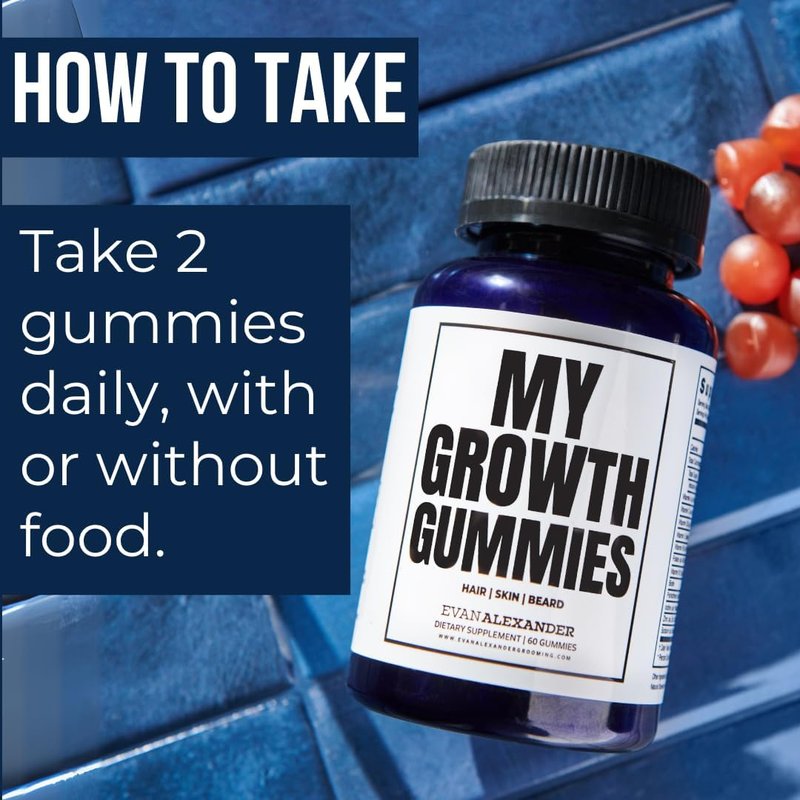 Evan Alexander Grooming My Growth Gummies | Healthy Hair & Beard Growth Support | Stronger Hair Follicles & Better Skin | Strawberry & Coconut Flavor | Vitamins C, D3, B6, B12 & Biotin | 60 Gummies