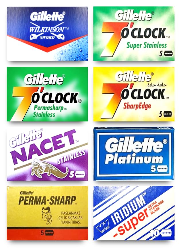 Premium Razor Blades Assortment – Gillette Wilkinson, 7 o' Clock, Nacet & More, 50 Blades