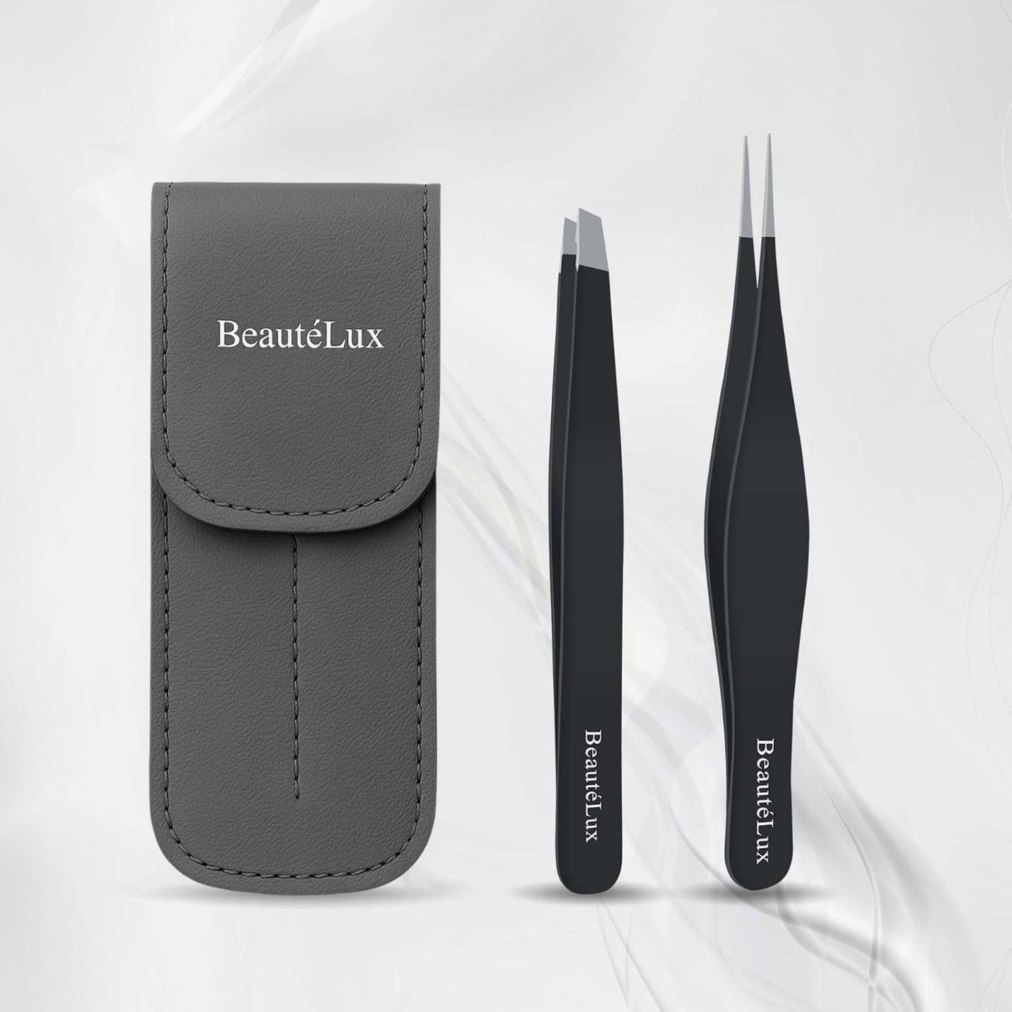 BeautéLux Precision Tweezer Set – Slant & Pointed Tip Stainless Steel Eyebrow Tweezers with Leather Pouch, Professional Hair Removal for Ingrown Hair, Chin, Splinter & Blackhead