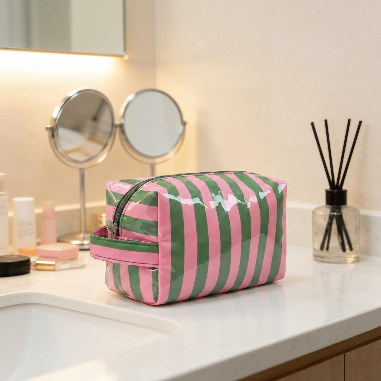 Lestikave PVC Striped Makeup Bag,Easy to Clean,Waterproof Clear Coated Cosmetic Bag,Cute Travel Organizer Zipper Pouch for Beach Vacation Essentials(02Green Pink)