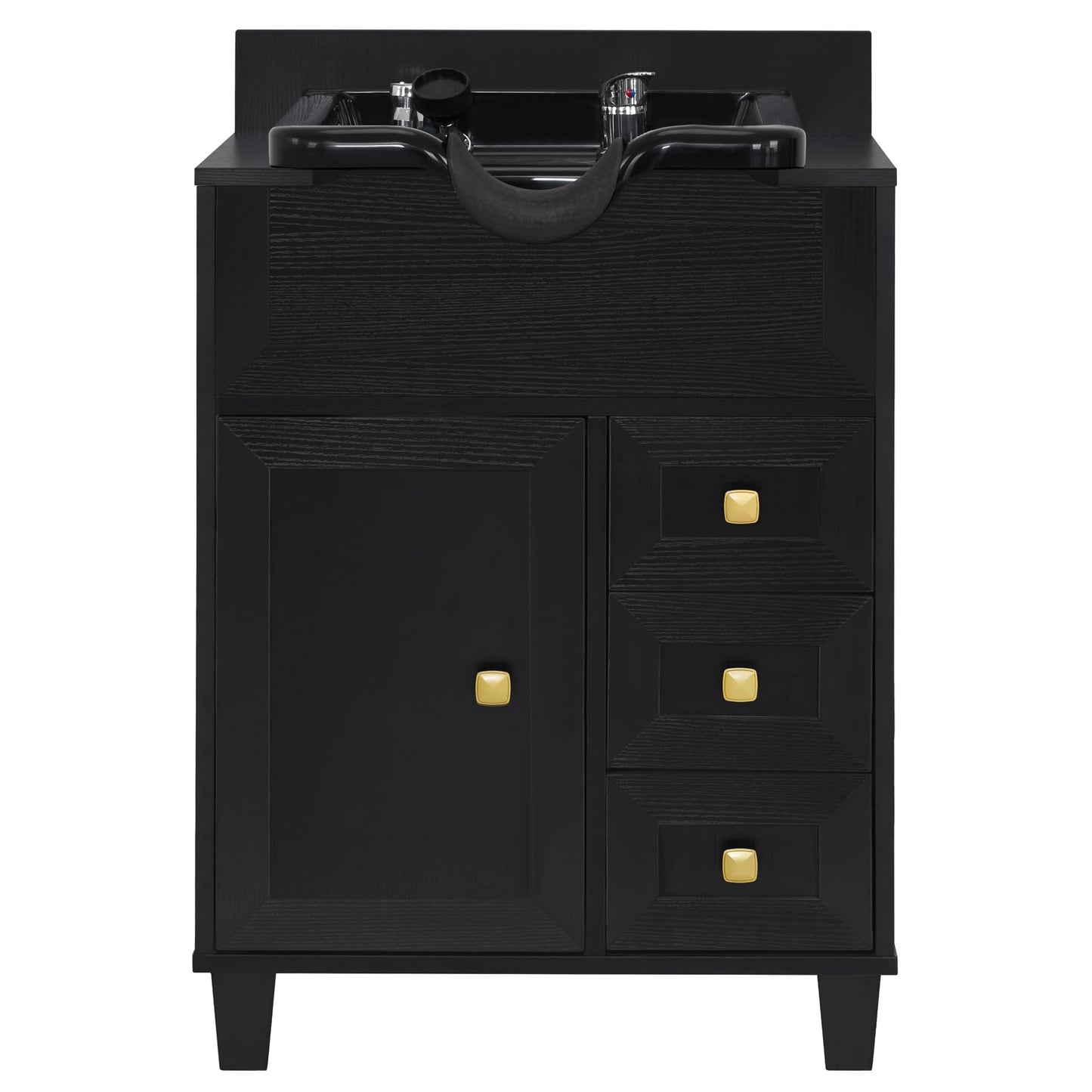 BarberPub Barber Storage Shampoo Station, Spa Textured Embossed Cabinet with Shampoo Bowl & Drawers, Hair Salon Sink Backwash Equipment 7131 (Black)