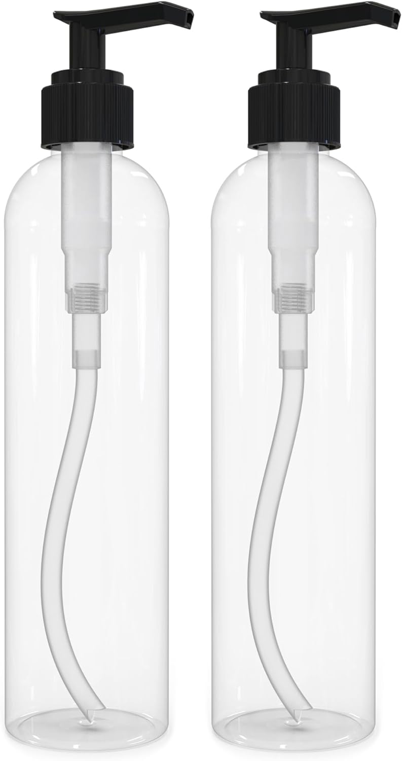 Lotion Pump Bottles - 8 Oz BPA-Free Refillable Amber Plastic Containers | Black Dispenser for Soap, Shampoo, Lotions & Creams (2 Pack)