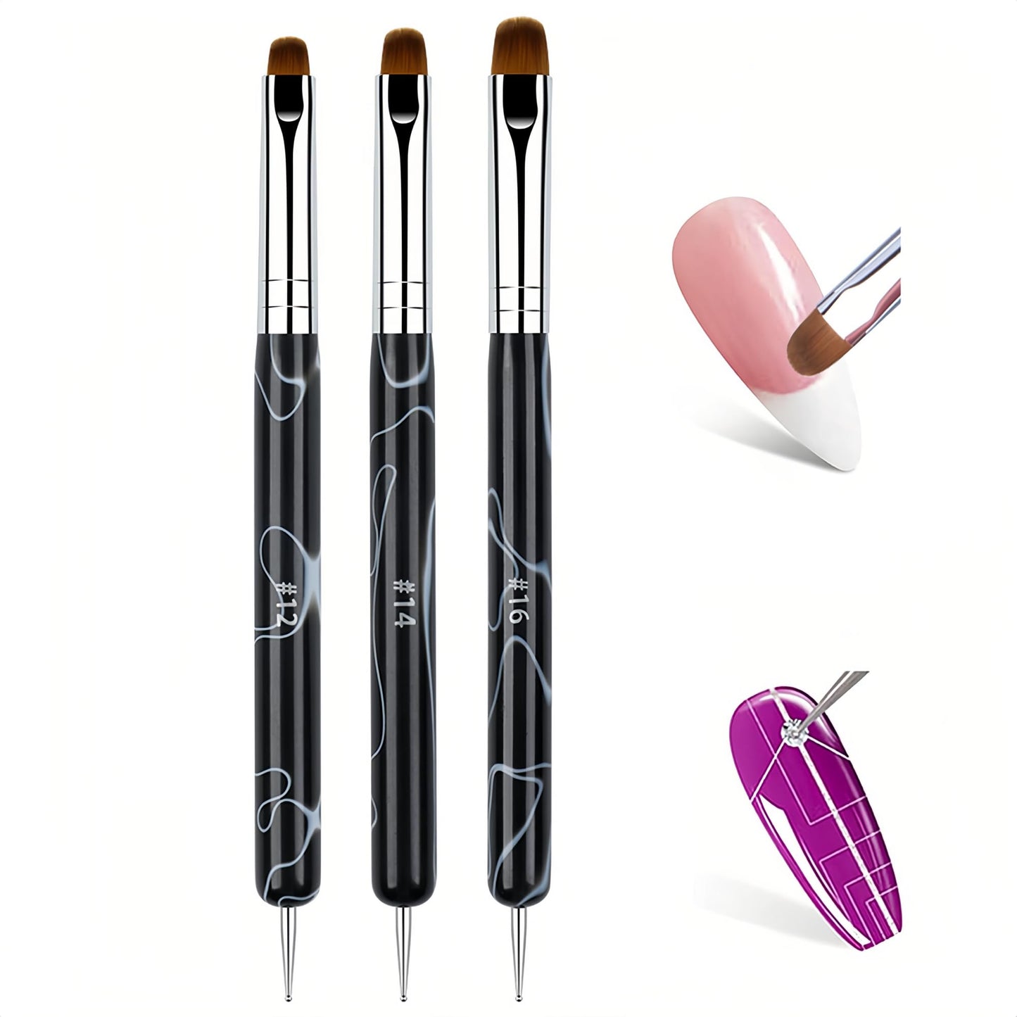 3 Pcs French Nail Brush Set, 2 Way Dotting Tool and French Tip Brush, Gel Acrylic Nails Art Design Pen, Nail Clean Up Brushes for Professional Manicure Tools, Size 12#, 14#, 16# - Marble Black
