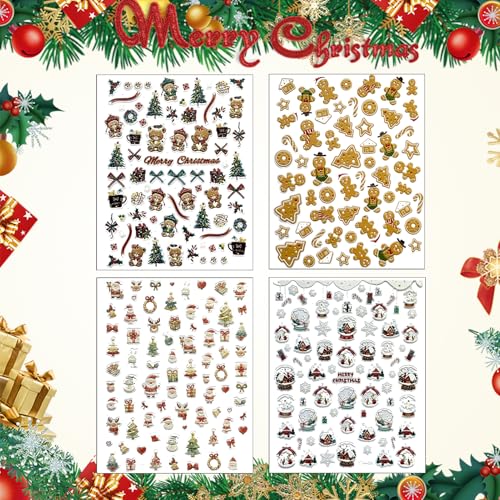 4 Sheets Christmas Nail Stickers – Gingerbread Man, Snowman, Santa Bear 5D Embossed Self-Adhesive Decals (Winthrop) – Holiday Manicure Kit
