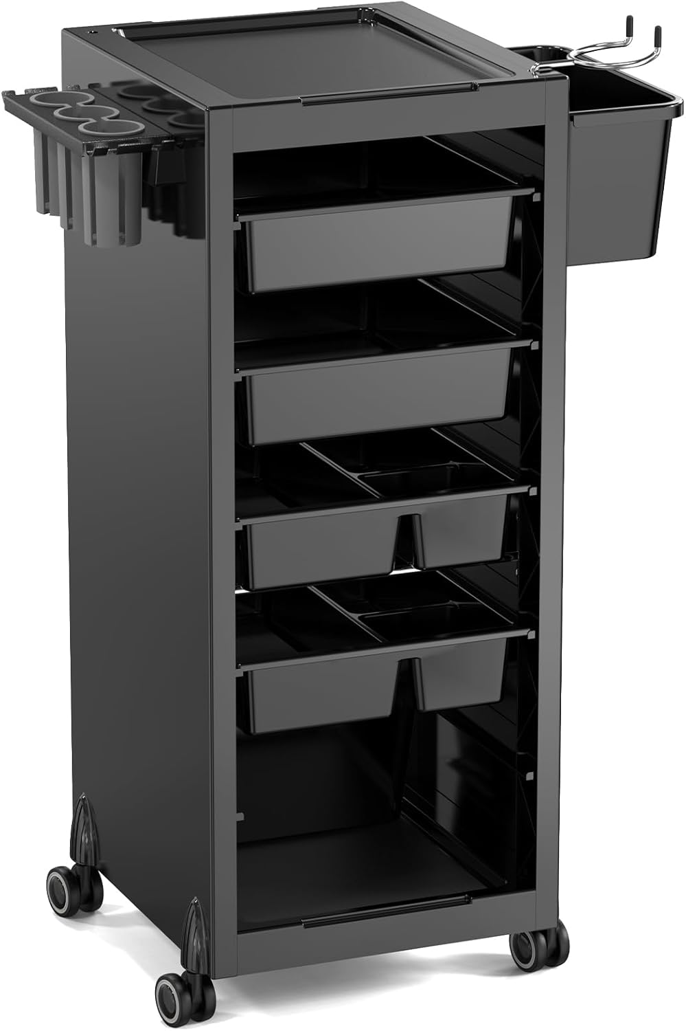 OmySalon Salon Trolley Cart - Rolling Hair Stylist Station with 2 Lockable Doors | Organizer with Drawers & Dryer Holder