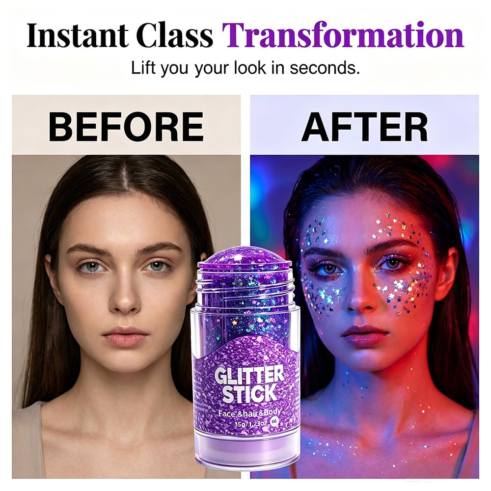 4th of July Glitter Stick, 2026 New Red White Blue Body Hair Sparkle for Independence Day, Upgrade Sparkle Patriotic Pride Chunky Glitter 4th of July Accessories (Purple)