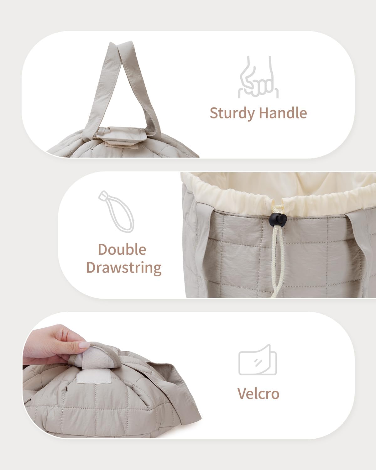 Narwey Lay Flat Open Drawstring Makeup Bag, Large Quilted Cosmetic Bag for Women Girls, Cute Make up Bags with Handle, Portable Travel Toiletry Bag for Skincare, Brushes & Travel Essentials (Khaki)