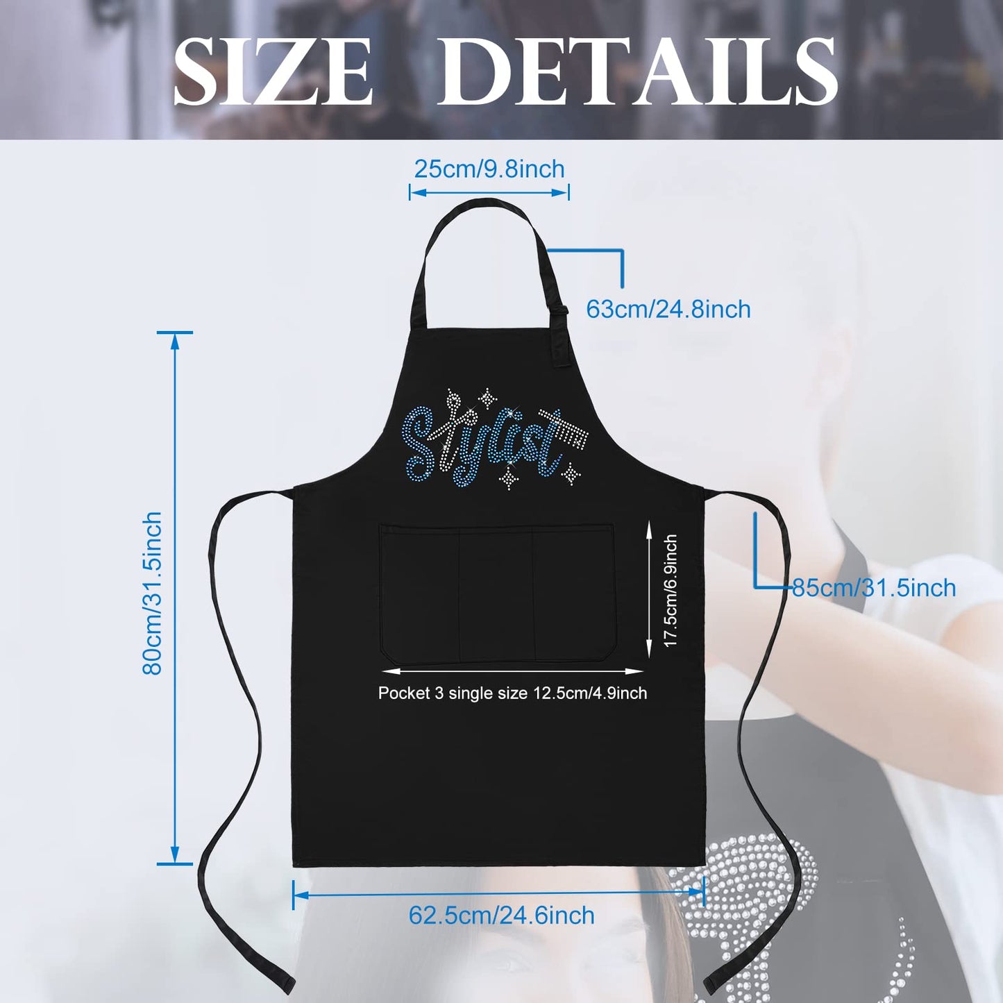 Coume 2 Pcs Hair Stylist Apron Hairstylist Salon Apron with Rhinestone Tools 3 Pockets Waterproof Hairdresser Barber(Blue and White,Large)