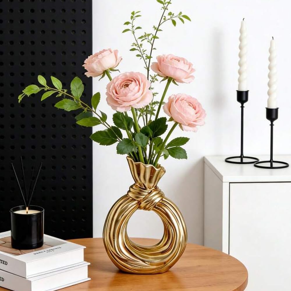 Gold Resin Hollow Ring Vase - Knot-Shaped Bud Vase for Flowers | Tabletop Wedding Centerpiece Home Décor