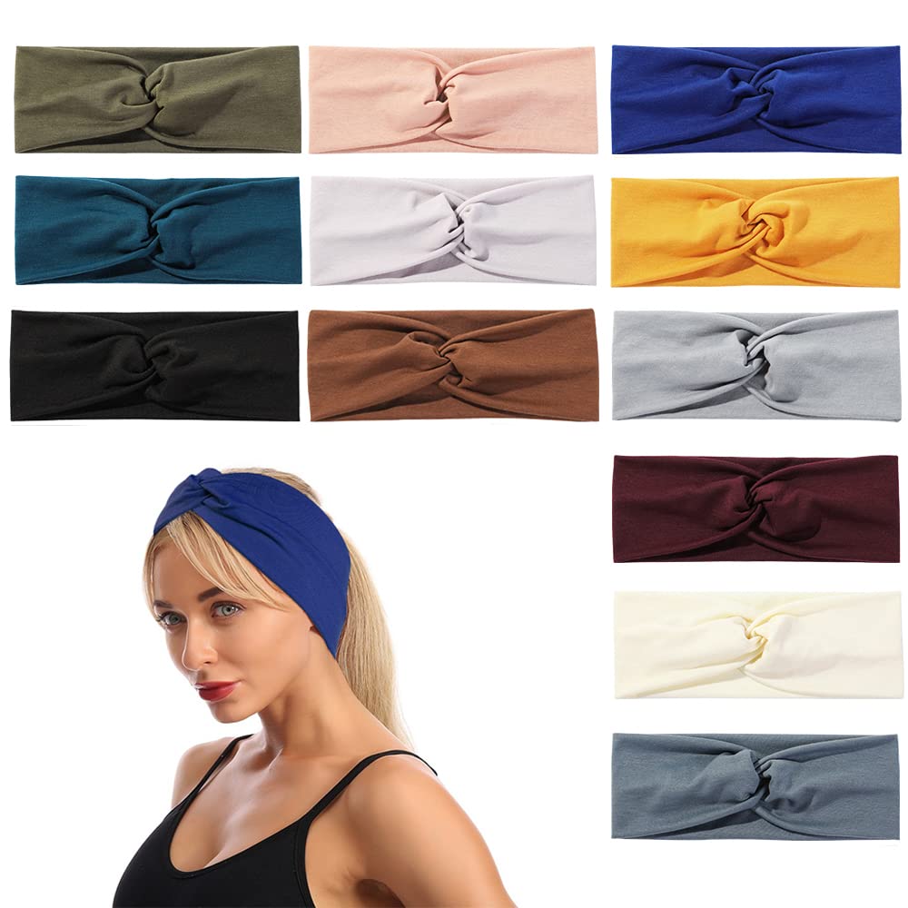 Boho Headbands for Women - 12 Pack Soft Yoga Elastic Hair Bands | Non-Slip Breathable for Workout & Running