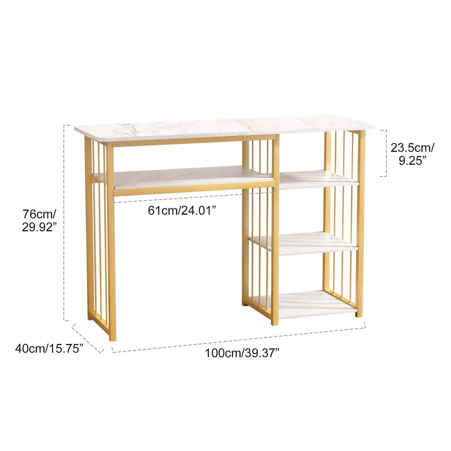 Mehisir Nail Desk with 3-Tier Shelves, Modern Manicure Table Luxury Heavy Duty Nail Table with Marble Top Gold Frame Multipurpose Nails Tech Desk for Beauty Salon Spa White White