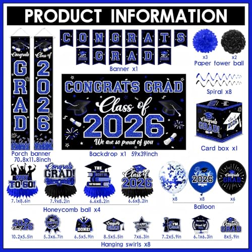 All-in-One Blue Graduation Decorations for Class of 2026 Party