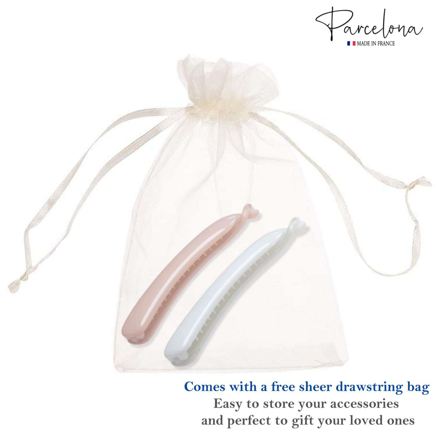 Parcelona French Small 3 ¾” Celluloid Set of 2 French Banana Hair Clip Flexible Ponytail Holder Fashion Durable Styling Women Hair Accessories, Made in France