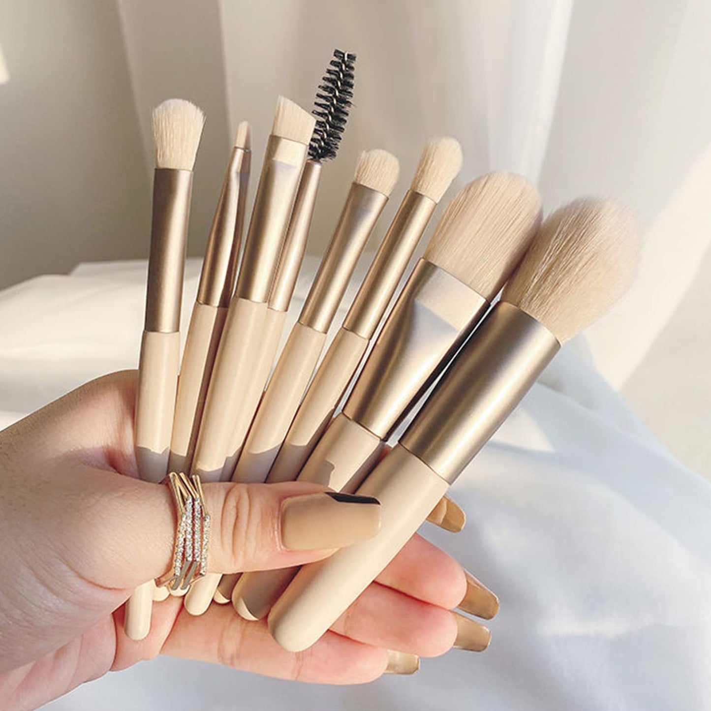Mini Makeup Brush Set - 8 Pieces for Foundation, Blush, and Eye Shadow | Compact Travel Brushes in Apricot