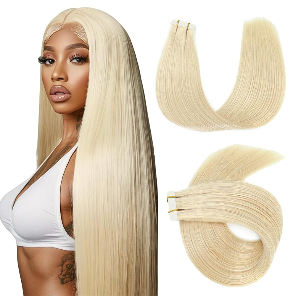 #613 Blonde Tape in Extensions Human Hair 16 Inch 613 Straight Tape in Seamless Extensions Real Human Hair Skin Weft Seamless Invisible Remy Hair 40g 10Pcs.