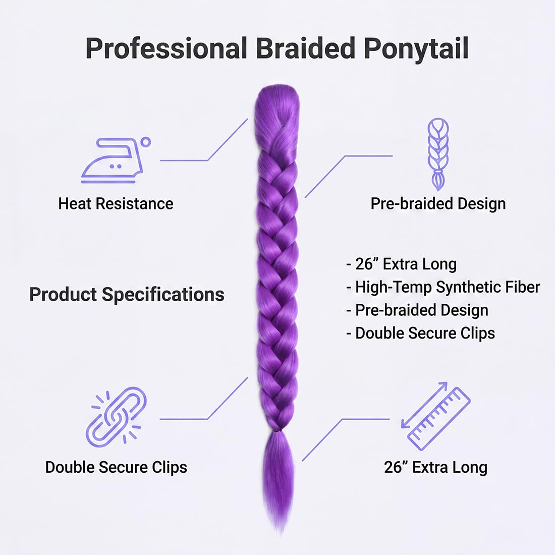 26 inch Purple Braids Ponytail Hair Braids Easy Clip in Ponytail Hairpiece for Cosplay Stage Party Hallowee (purple, 26inch)