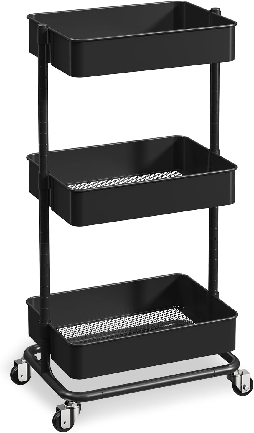 Utility Rolling Cart - Heavy Duty Metal Storage Organizer with Wheels | Portable 3-Tier Shelving Unit for Office, Bathroom, Kitchen (White)