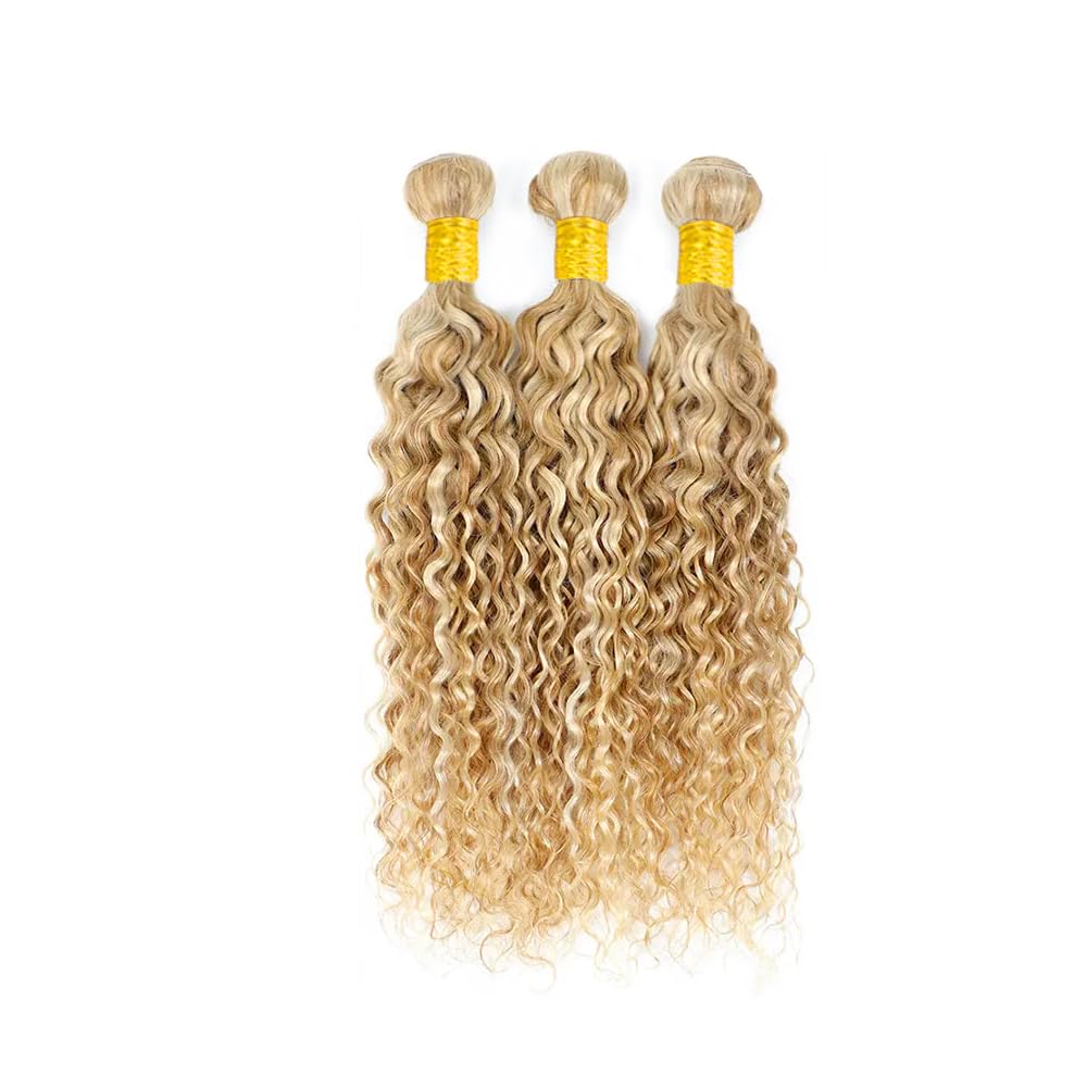 P27/613 Blonde Bundles Human Hair Water Wave Bundles 30 32 34 Inch Blonde Highlight Water Wave Bundle Unprocessed Brazilian Virgin Weave Hair 3 Bundle 50 Gram Per Bundle