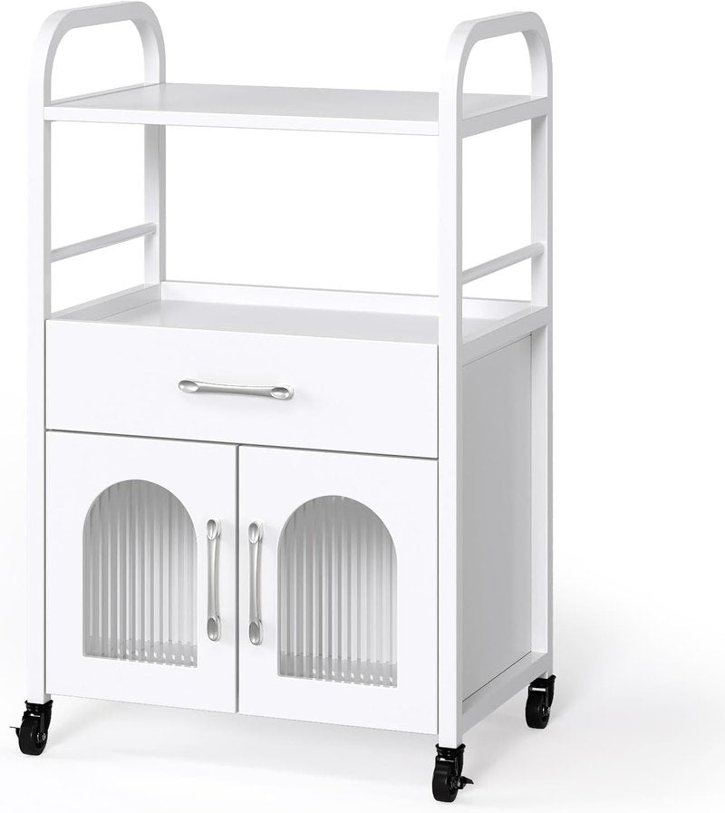 OmySalon Salon Trolley Cart - Mobile Esthetician Storage Station with Drawer & Tray | Lockable Wheels, White