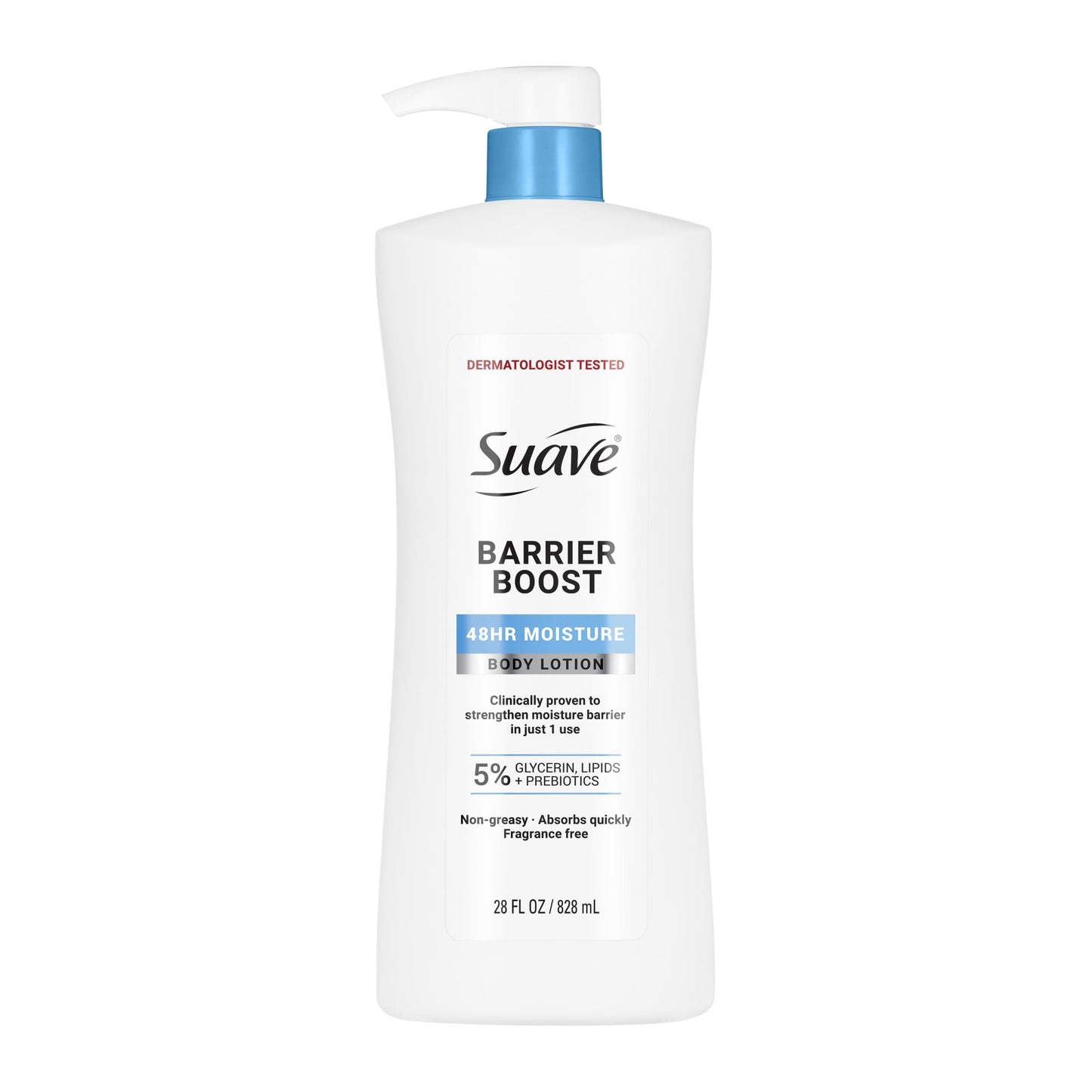Suave Barrier Boost Body Lotion for Women with Glycerin, Lipids & Prebiotics, Fragrance Free, Dermatologist Tested, Clinically Proven 48-Hour Moisture, Moisturizing Body Lotion, Non-Greasy, 28 Fl Oz
