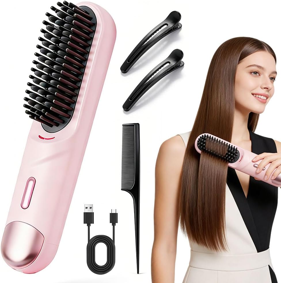 Go Brush Pro Cordless Hair Straightening Brush - Fast Heating Ceramic for Short & Long Hair | USB-C Rechargeable, Portable, Black