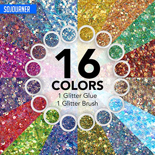 Festival Glitter Makeup Set - 16 Colors Holographic Body & Hair Glitter with Glue