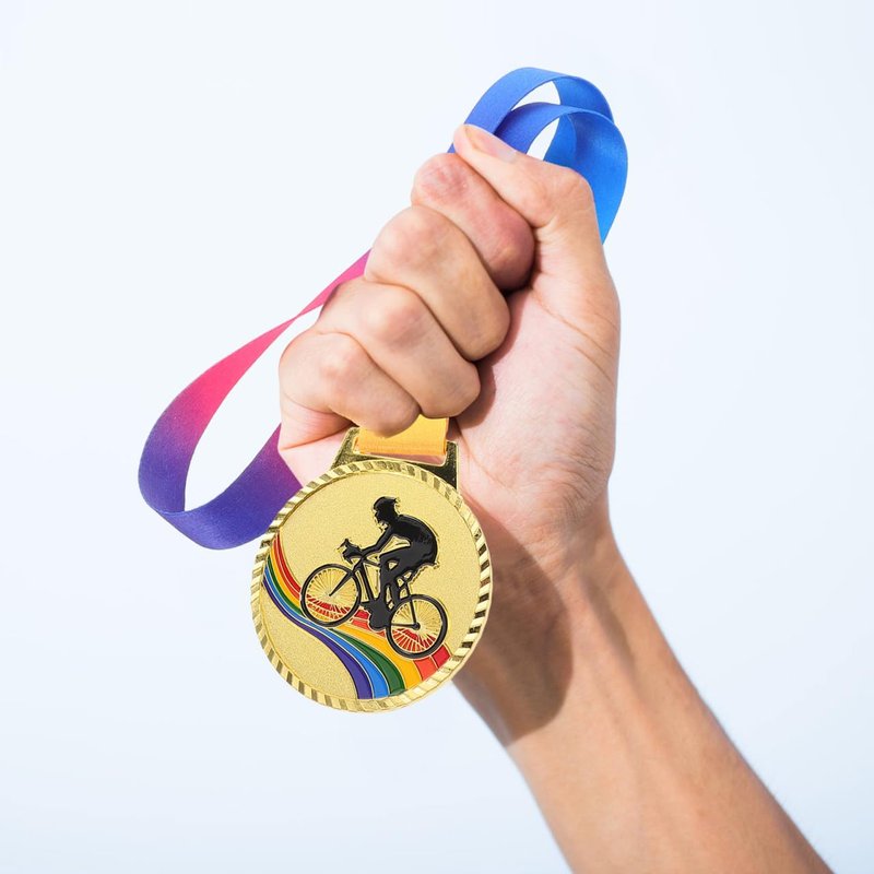 POPETPOP Cycling Medals for Awards: Gold Biking Medals with Neck Ribbons for Bike Racing, Sports, Party, Tournaments, Prizes, Competitions, 2.75 Inches