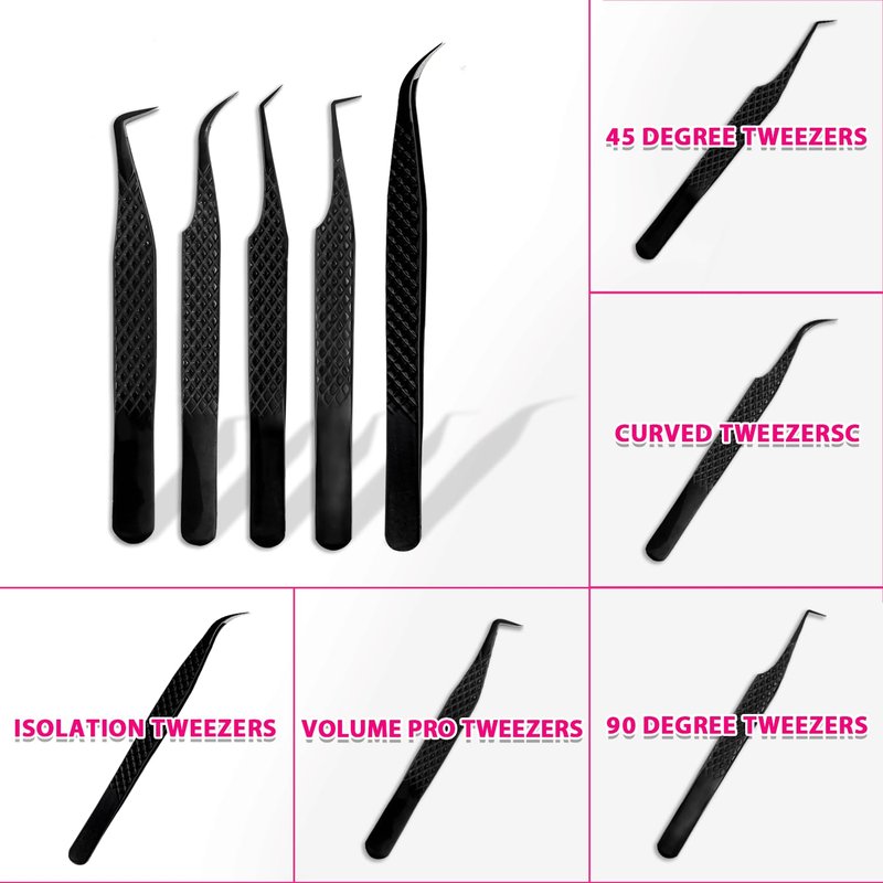 TDANCE Lash Tweezers for Eyelash Extensions, Diamond Grip 90 Degree Fiber Tip Lash Tweezers, Stainless Steel Lash Extension Tweezers(Black-01)