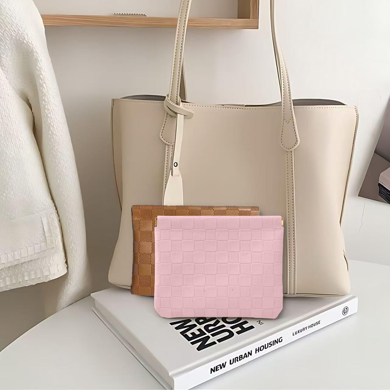 2-Pack Small Waterproof Checkered Makeup Bag - Portable Leather Travel Toiletry Bag Organizer with Snap Closure, Aesthetic Travel Storage Pouches for Women's cosmetic bag for purse (Pink&Brown)