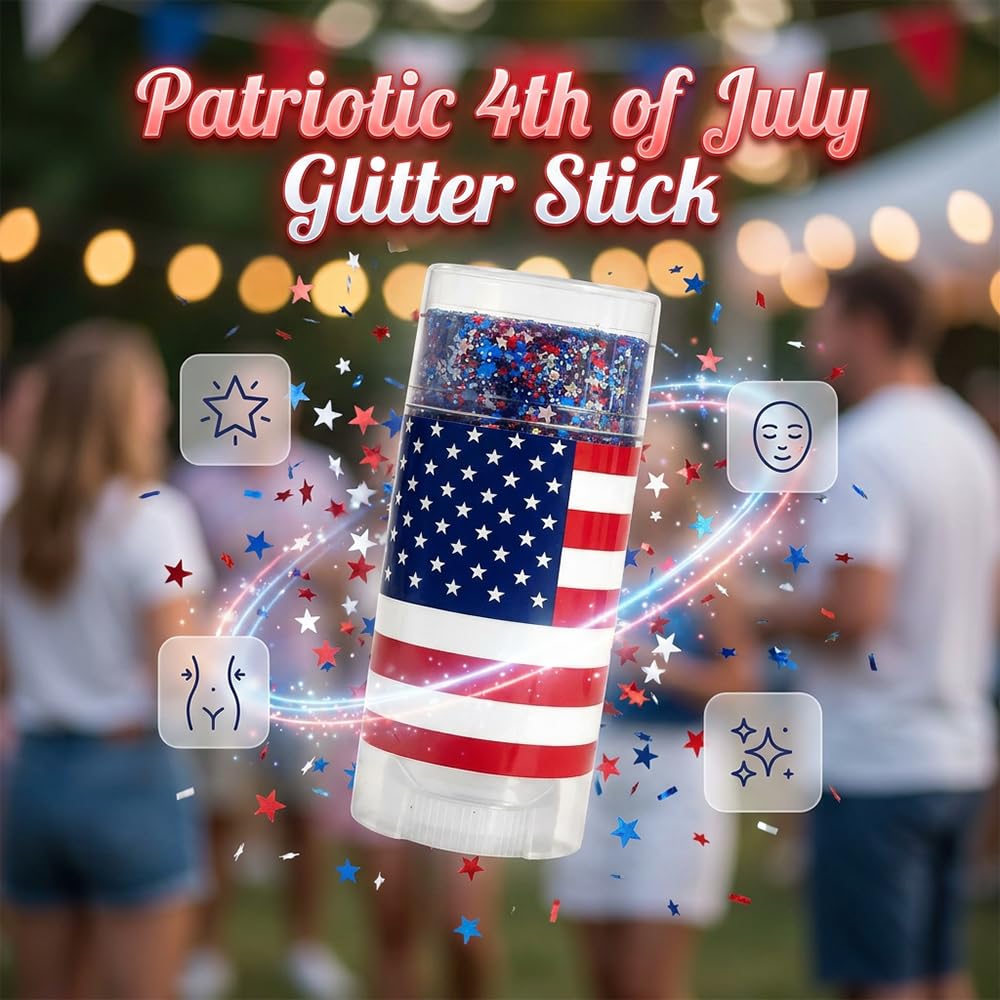Glitter Stick for Patriotic Celebrations | Waterproof Red, White & Blue Face & Body Makeup with Star Sequins - Perfect for 4th of July & Game Days (1pc)