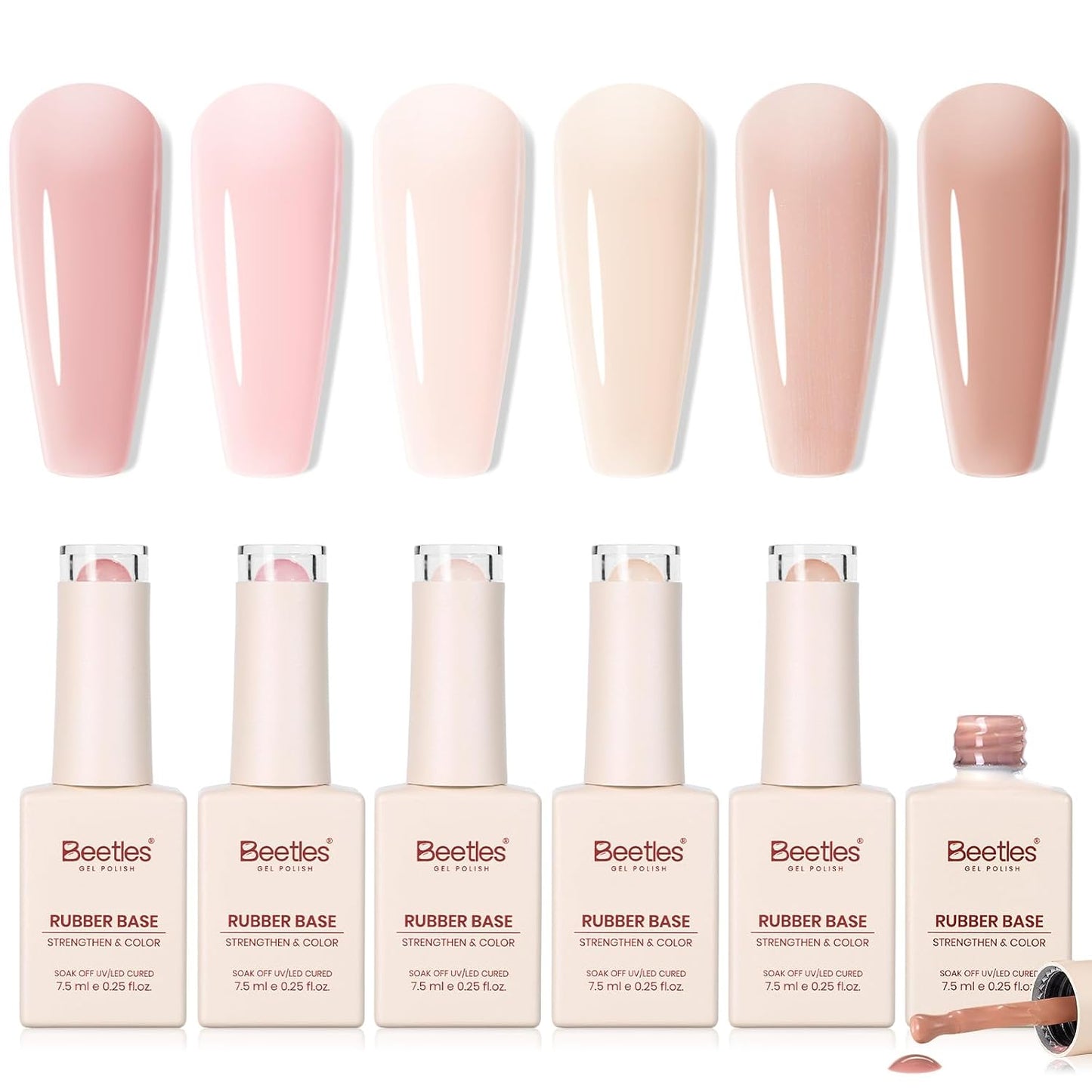 Beetles Base Color Gel Nail Polish Set - 6 Nude Shades | 5-in-1 Builder Rubber Base Coat for Strengthening Natural Nails