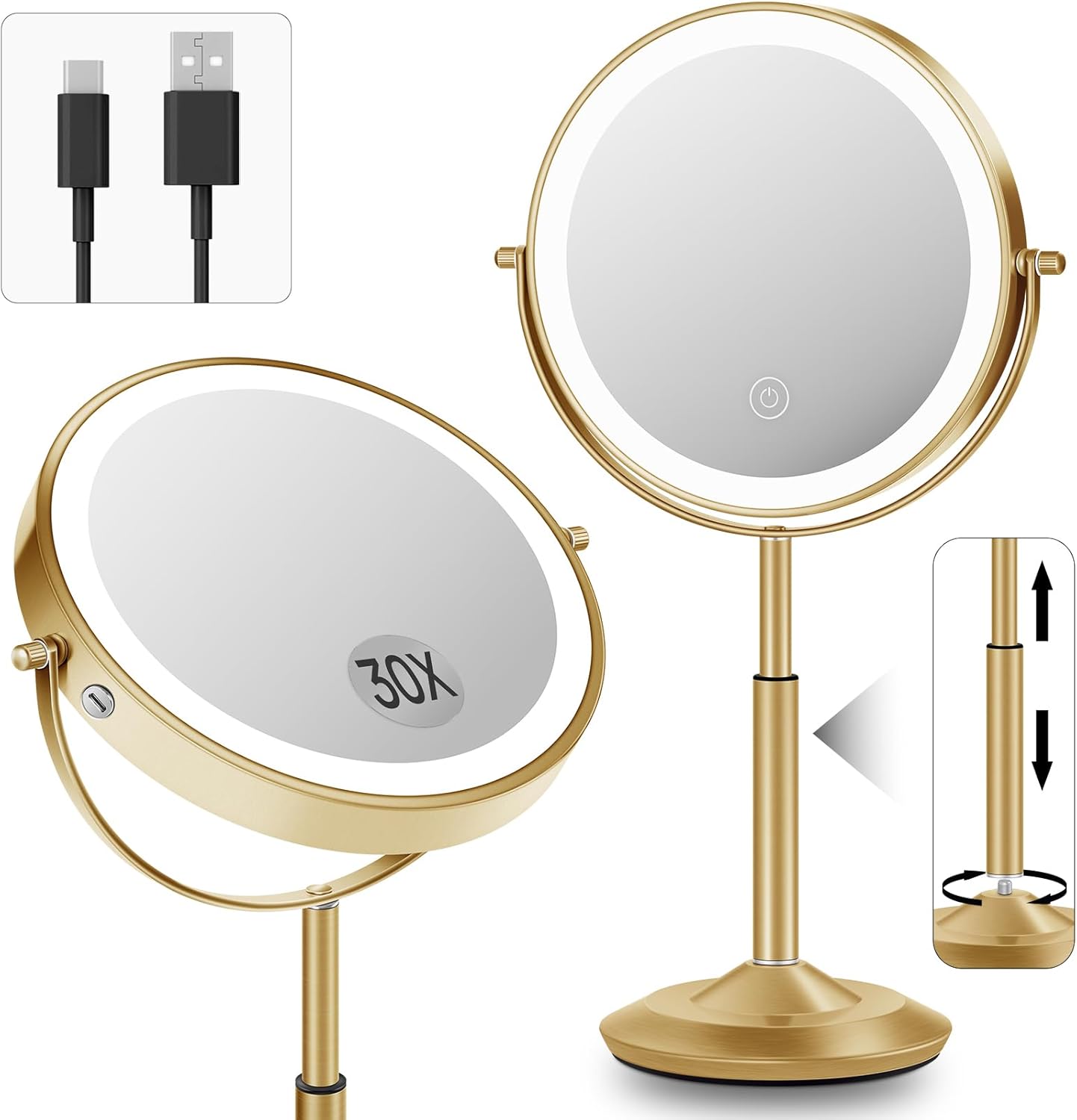 Lighted Makeup Mirror with Adjustable Height - 1X/30X Magnifying, 3000mAh Rechargeable, Dual-Sided Vanity Mirror with 3 LED Lighting Options | Perfect Gift for Women